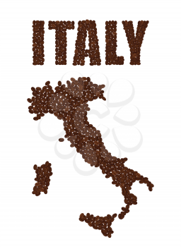 Word ITALY and Map of Italy created from coffee beans isolated on a white background.
