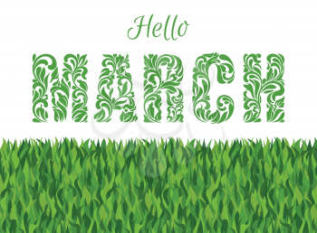 Hello, SPRING. Decorative Font made of swirls and floral elements. Background made of grass