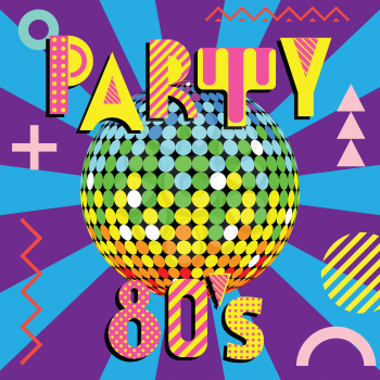 Banner for a party in the style of the eighties. Trendy geometric font in memphis style of 80s-90s. Disco Ball with colored rays