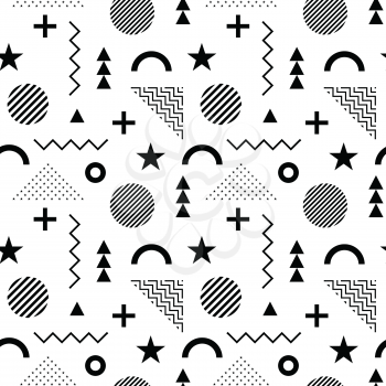 Seamless pattern in Memphis style. Abstract vector backgrounds with geometric ornaments in the style of 80-90.