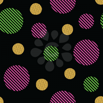 Seamless pattern with golden glitter circles and colored stripes circles on a black background. It can be used for printing on fabric, design, wrapping paper