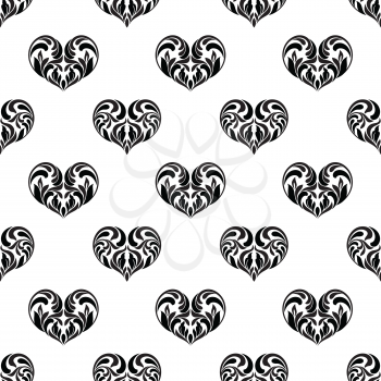 Seamless pattern. Hearts made in swirls, leaves and floral elements isolated on a white background