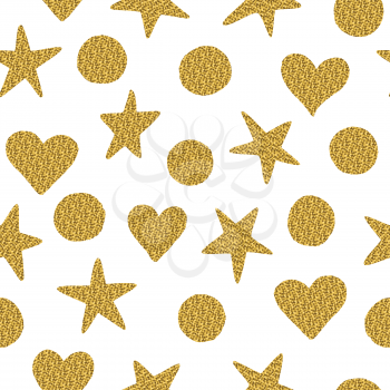 Seamless pattern. Stars, circles and hearts with golden glitter isolated on a white background. 