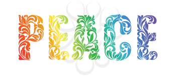PEACE. Decorative Font made in swirls and floral elements isolated on a white background. Letters are painted by rainbow colors