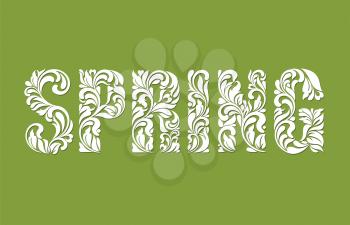 SPRING. Decorative Font made of swirls and floral elements on a green background