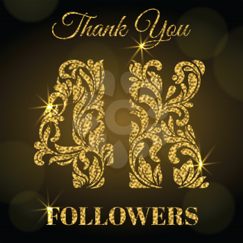 4K Followers. Thank you banner. Decorative Font with swirls and floral elements. Golden letters with sparks on a dark background.