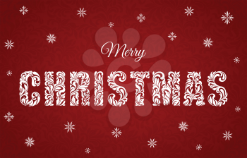 Merry Christmas. Lettering Inscription. Decorative Font made of swirls and floral elements. White letters on a red background with tracery