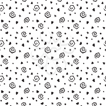 Grungy hand drawn seamless pattern. Spirals, stars, hearts and dots isolated on a white background. Ideal for textile print 