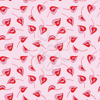 Romantic seamless pattern.  Red and pink leaves in the form of hearts on light pink background. Ideal for textile print and wallpapers.