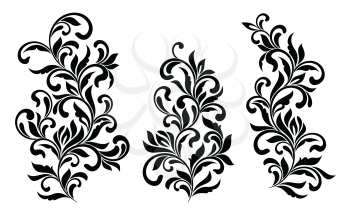 Decorative floral elements with swirls and leaves isolated on white background. Ideal for stencil. Vintage style. 