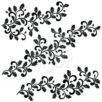 Decorative swirling oak branches with leaves and acorns isolated on white background. Ideal for stencil. Vintage style. 