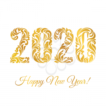 Happy New Year 2020. The golden figures with made in floral ornament isolated on a white background.