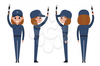 Girl police officer isolated on white background. Traffic controller with a striped rod raised up. Front, side, back view animated character.