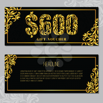 Gift voucher template 600 USD. The inscription created from a floral ornament. Golden Letters on a black background with floral pattern. VIP design.