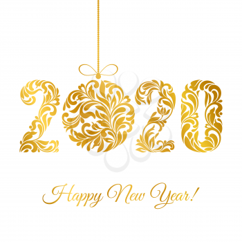 Happy New Year 2020. Decorative Font made of swirls and floral elements. Golden numbers and Christmas ball isolated on a white background.