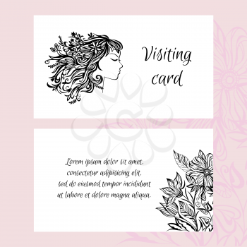 Business card. Double-sided card design. Young girl with flowers in her hair. Beautiful templates for business cards, flyers, posters, pages. It can be used as the design for the beauty salon or barber shop.
