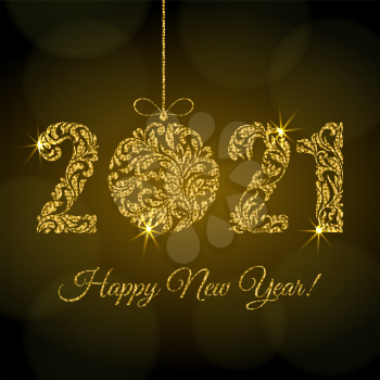 Happy New Year 2021. Figures  and Christmas ball from a floral ornament with golden glitter and sparks on a dark background with bokeh. Luxury design