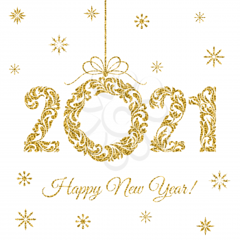 Happy New Year 2021. Decorative Font made of swirls and floral elements. Golden glitter Numbers and Christmas wreath with sparks isolated on a white background.