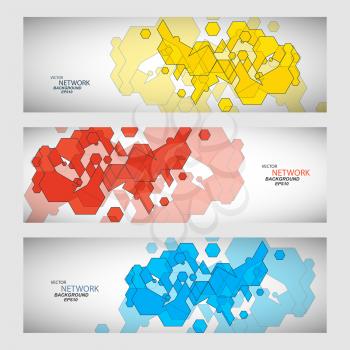 Three vector banner with abstract colored shapes.