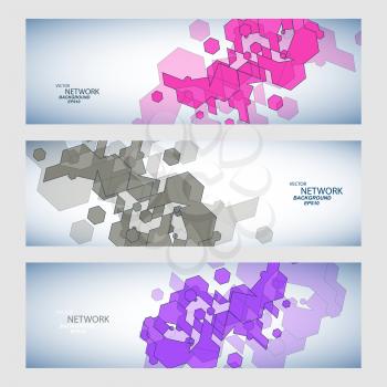 Three vector banner with abstract colored shapes.