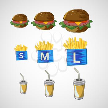 Vector set of fast food drink, burger, fries.