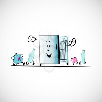 Vector fridge with food on a light background.