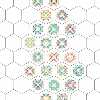 Set in oriental style on hexagons background.