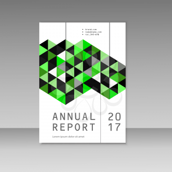 Annual report design with abstract triangles background.