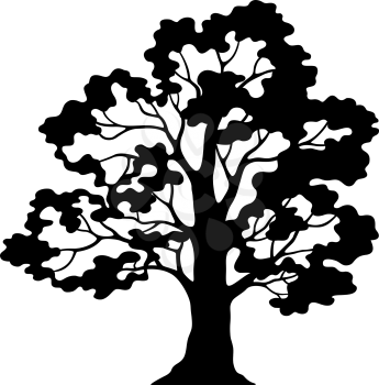 Oak Tree Pictogram, Black Silhouette and Contours Isolated on White Background. Vector