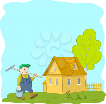 Cartoon man gardener gardener with a rake and a bucket near the house. Vector