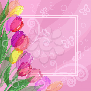 Floral pink background for greetings card with flowers tulips, butterflies silhouettes and frame. Vector eps10, contains transparencies