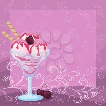 Food, Sundae Ice Cream with Waffles and Cherry Berry on the Background to a Poster with Abstract Floral Pattern. Eps10, Contains Transparencies. Vector