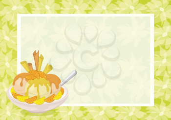 Food, Cup with Ice Cream, Slices of Citrus Fruit, Waffles and Spoon on the Background to a Poster with Abstract Floral Pattern. Eps10, Contains Transparencies. Vector