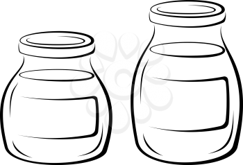 Glass Jars with Contents, Lids and Blank Label to Inscriptions Black Contour Pictograms Isolated on White Background. Vector