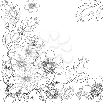 Abstract Background with a Symbolical Flowers, Monochrome Contours. Vector