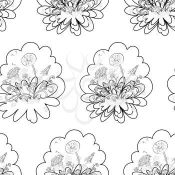 Seamless Floral Background, Dandelions Flowers, Black Contours on White. Vector