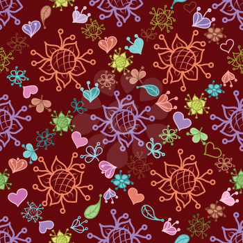 Seamless floral background, colorful symbolical contours and silhouettes flowers, leaves and hearts. Vector