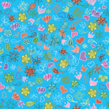 Seamless floral background, colorful symbolical contours and silhouettes flowers, leaves and hearts on blue. Vector