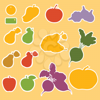 Set of templates for labels, tags, vegetables and fruits, colorful silhouette. Vector