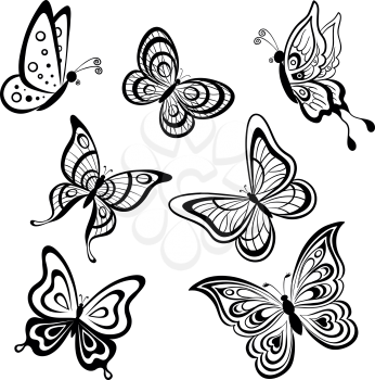 Vector, set symbolical butterflies, hand-draw monochrome contours on a white background
