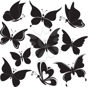 Various Butterflies Set, Black Silhouettes Isolated on White Background. Vector