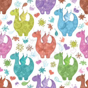 Seamless Pattern, Cartoon Colorful Dragons on Backgrounds with Symbolical Flowers and Hearts. Vector