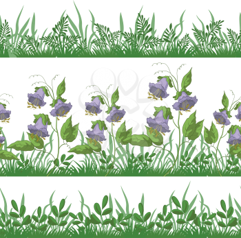 Set seamless of flowers and green grass, isolated on white background. Vector