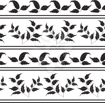 Seamless pattern: plant leaves and lines, black silhouettes on white background. Vector