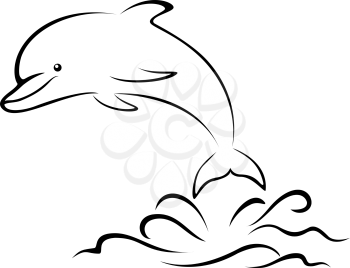 Cartoon Dolphin Jumping Over the Sea Waves, Black Contours Pictogram Isolated on White Background. Vector
