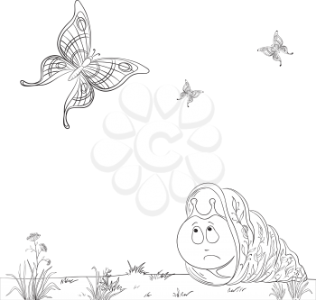 Vector cartoon, sad snail on a summer meadow looks at butterflies and dreams of flying, contours