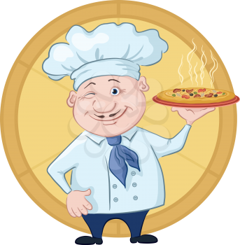 Cartoon cook - chef with delicious hot pizza on a circular background. Vector