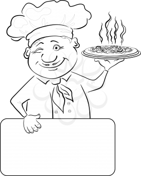 Cartoon cook - chef with delicious hot pizza and poster, free for your text, black contour on white background. Vector illustration