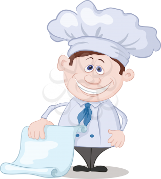 Cartoon cook - chef with a piece of paper, blank for your text. Vector
