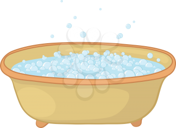 Old bathtub with blue bubbles of soap suds. Vector